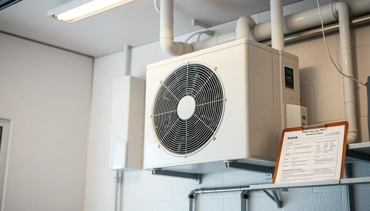 Pompe à chaleur air/eau installée dans un local technique, avec un devis sur une étagère