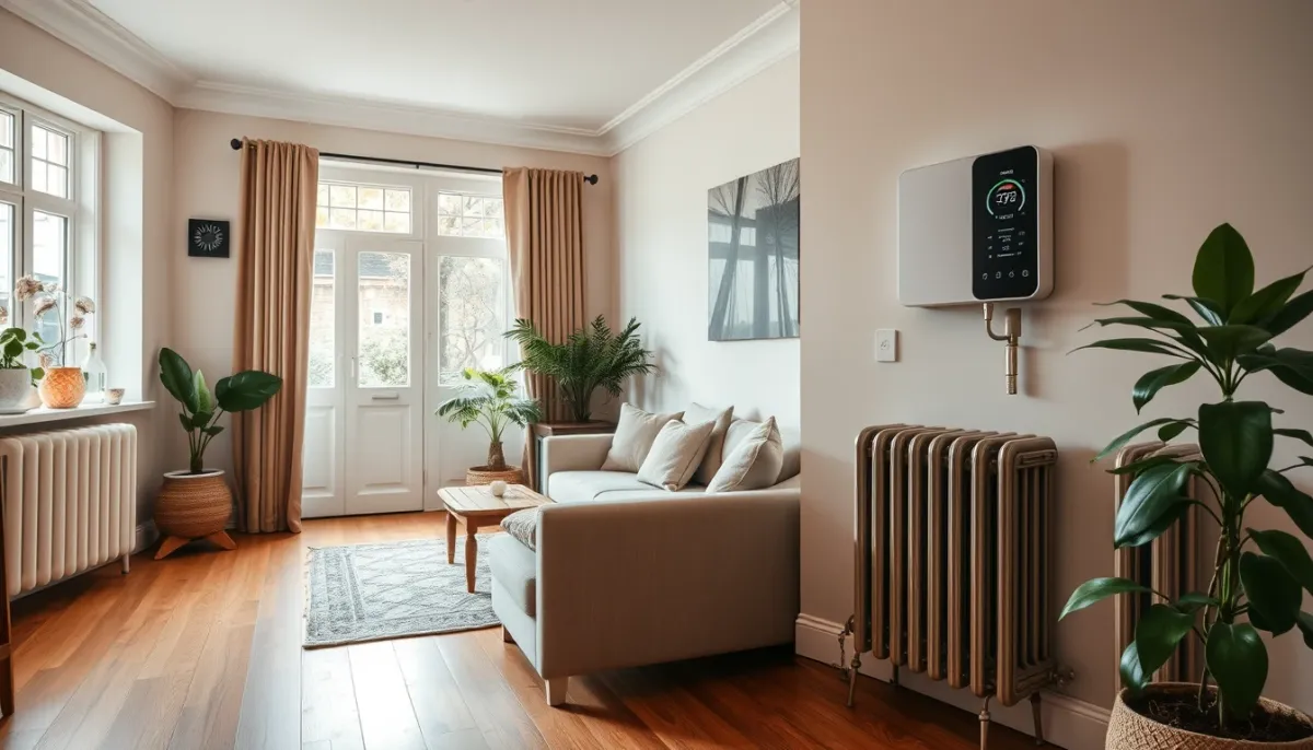 Salon confortable avec radiateurs en fonte et thermostat moderne de pompe à chaleur