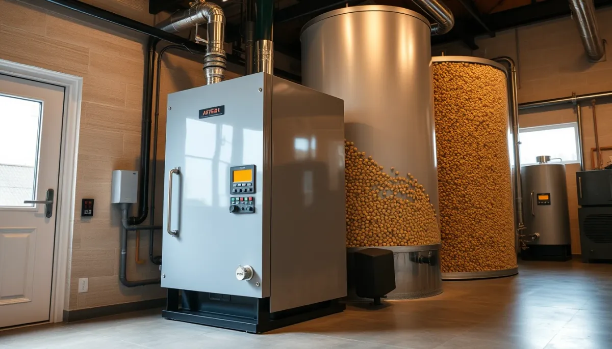 Chaudière à granulés moderne dans une chaufferie avec silo de stockage