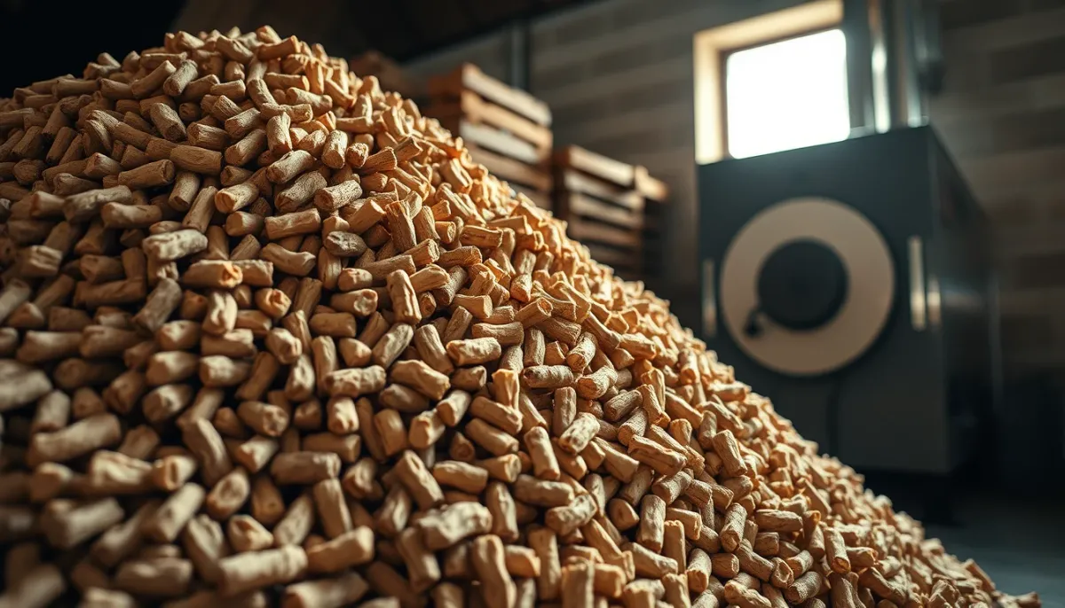 Stock de granulés de bois dans un local de stockage, avec chaudière en arrière-plan