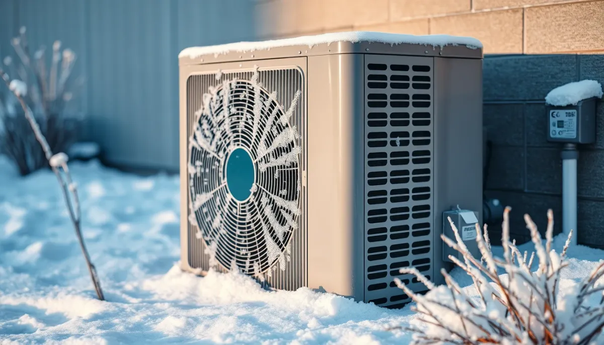 Unité extérieure de pompe à chaleur givrée en hiver
