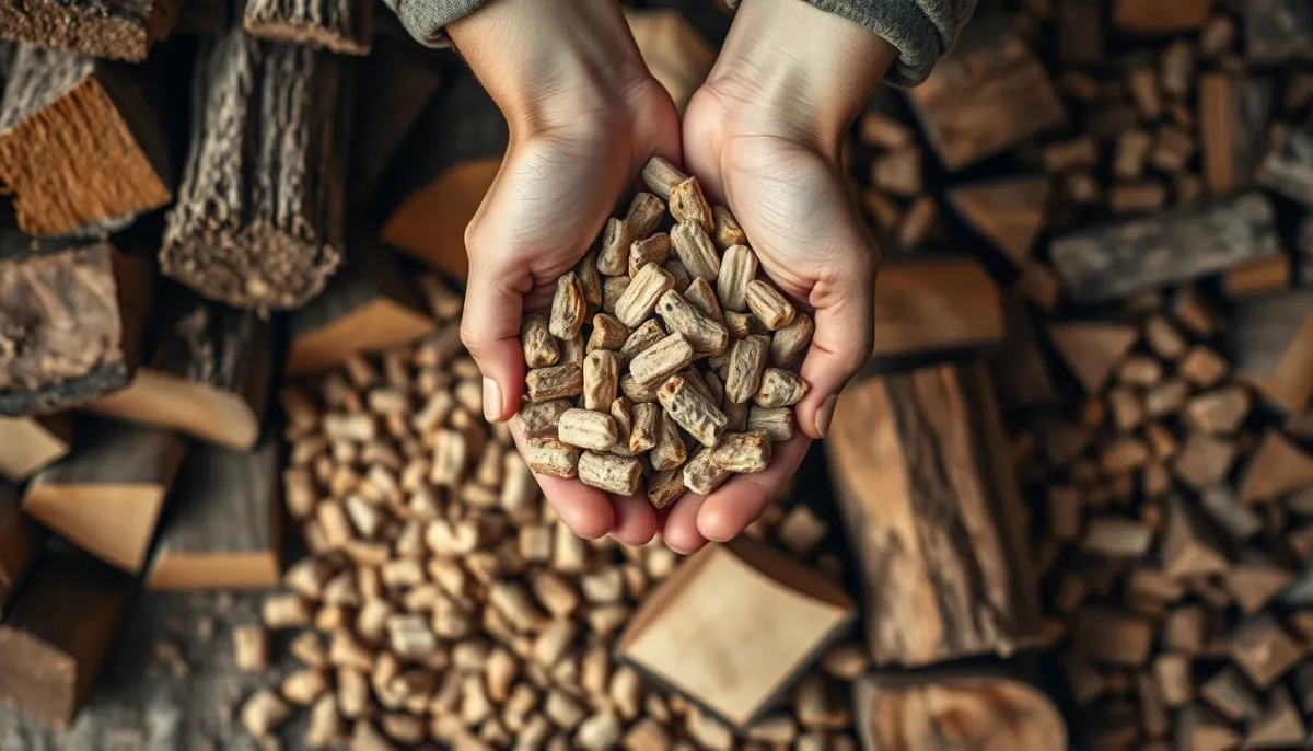 Comparaison entre des granulés de bois et des bûches de bois dans les mains