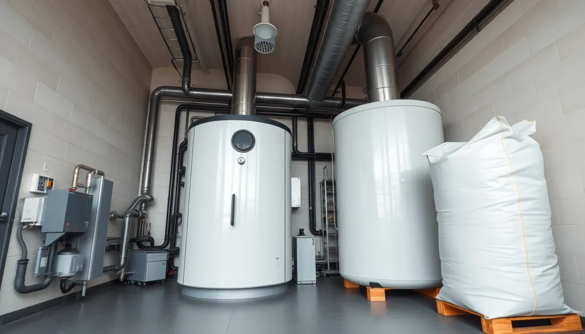 Installation complète d'une chaudière mixte avec ballon tampon et stockage de granulés