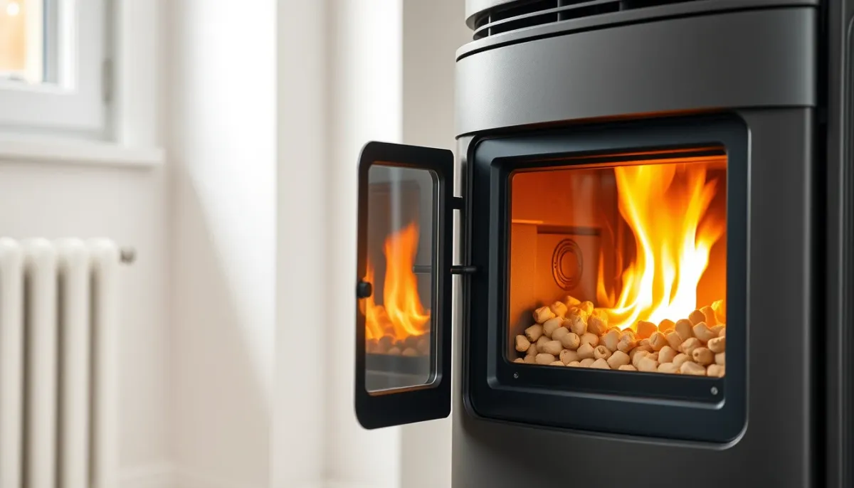 Poêle à granulés en fonctionnement avec alimentation automatique et flamme régulière