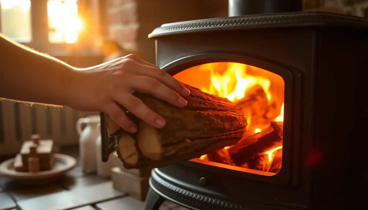 Rechargement manuel de bûches dans un poêle à bois traditionnel