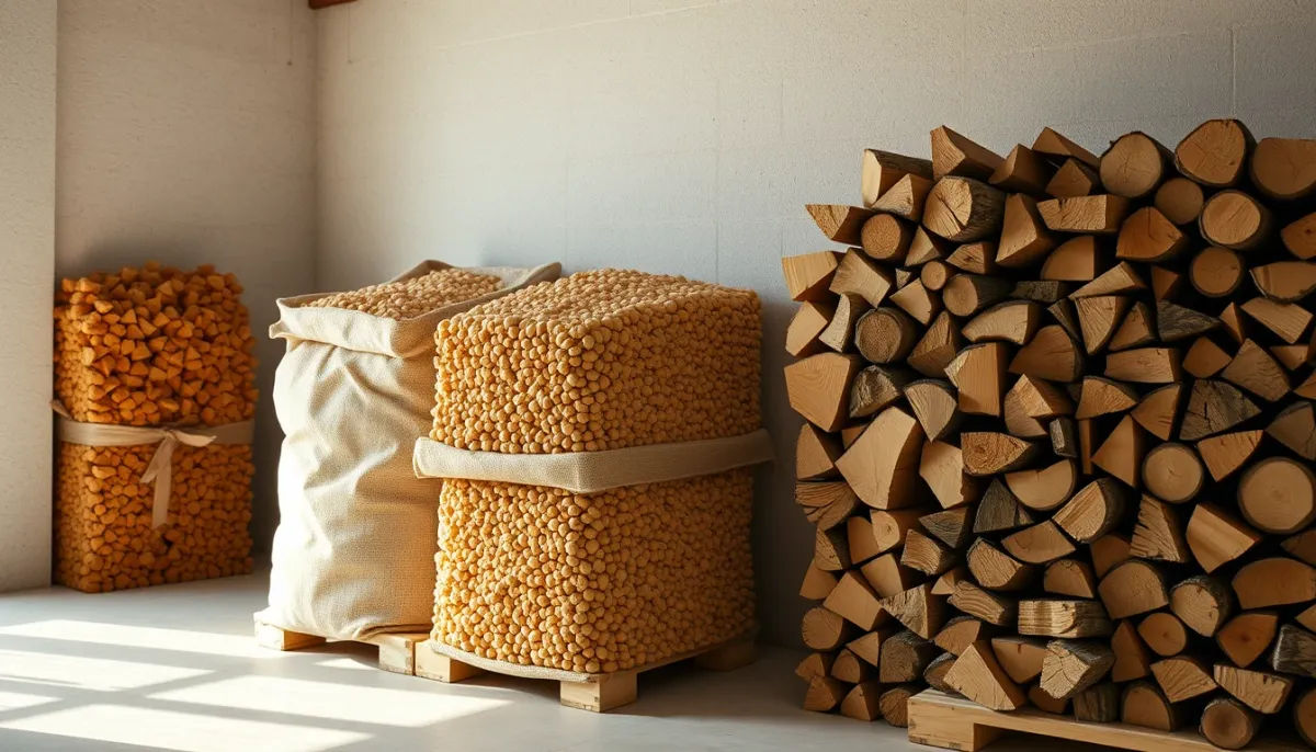Stockage de granulés de bois et de bûches pour le chauffage domestique