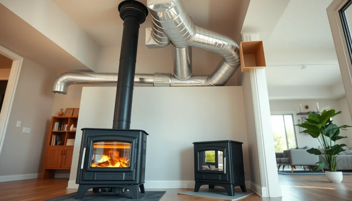 Poêle à granulés canalisable avec gaines de diffusion d'air chaud vers différentes pièces