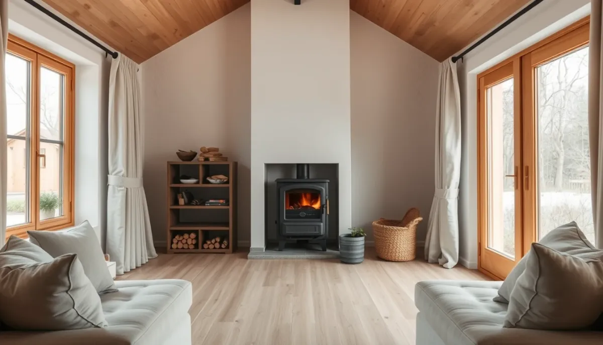 Intérieur de maison bien isolée avec un poêle à granulés en arrière-plan, mettant en avant les éléments d'efficacité énergétique