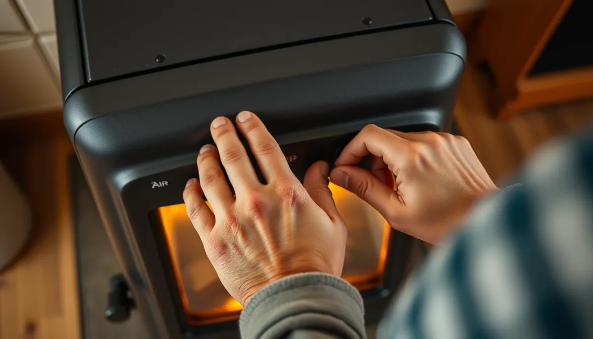 Mains réglant les arrivées d'air d'un poêle à granulés pour optimiser la combustion