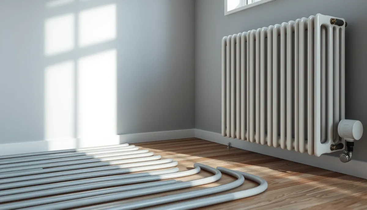 Comparaison visuelle entre un plancher chauffant basse température et un radiateur haute température