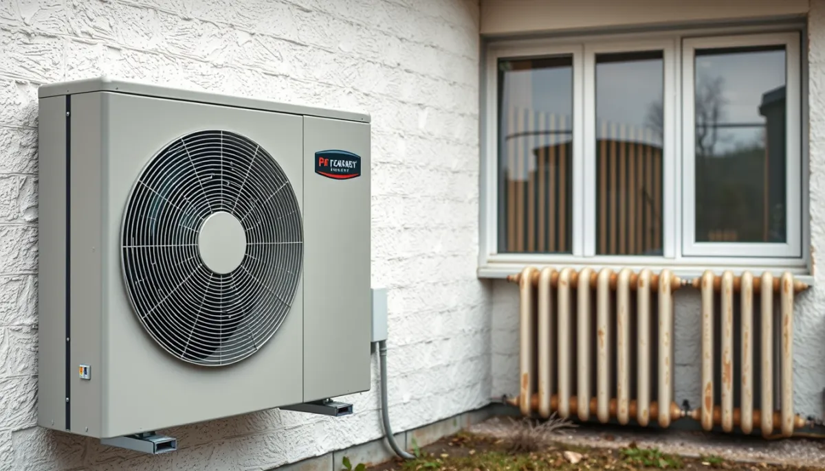 Pompe à chaleur air-eau installée à l'extérieur avec des radiateurs haute température visibles à l'intérieur