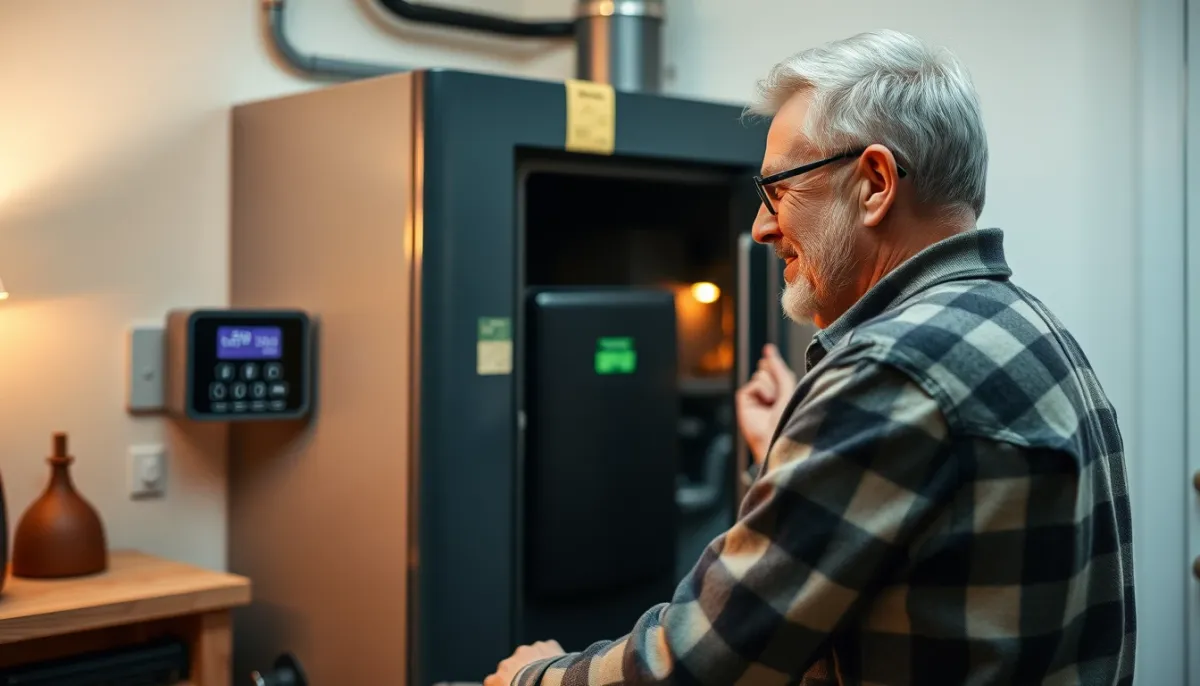Propriétaire vérifiant le bon fonctionnement d'une chaudière à granulés Ökofen