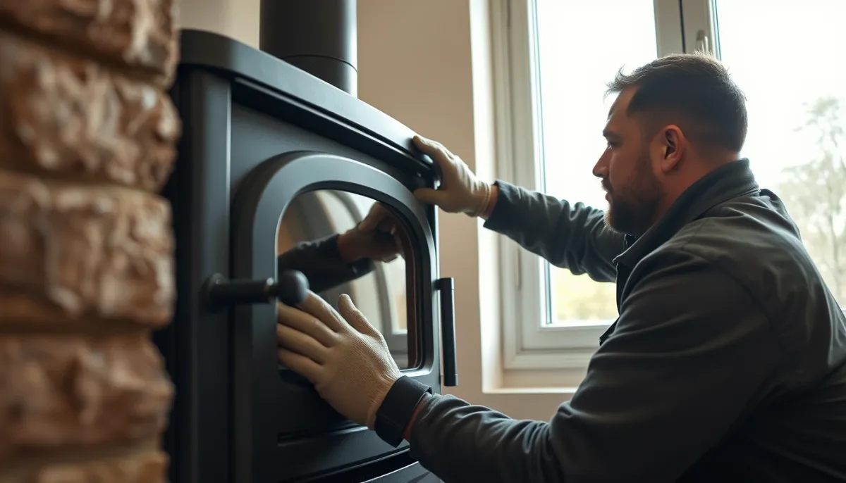 Technicien qualifié installant un poêle à granulés dans une maison