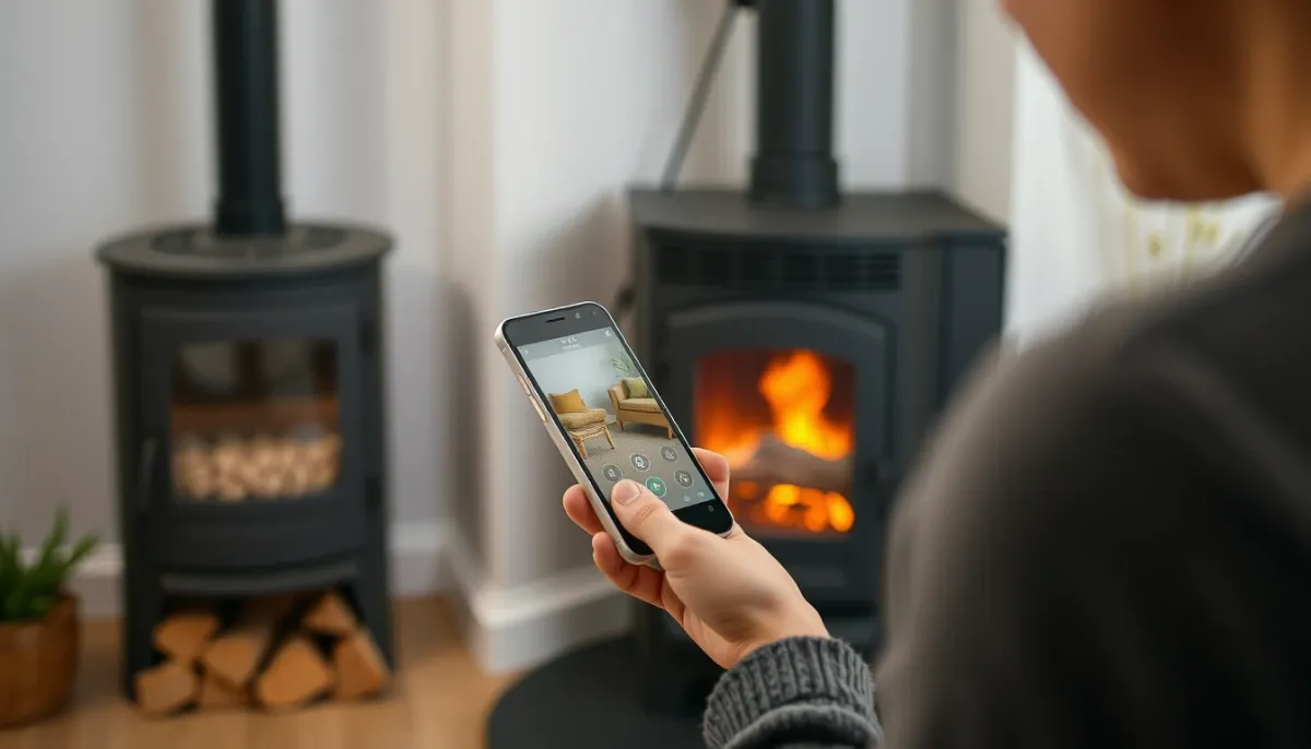 Utilisateur pilotant un poêle à granulés MCZ via l'application Maestro sur smartphone