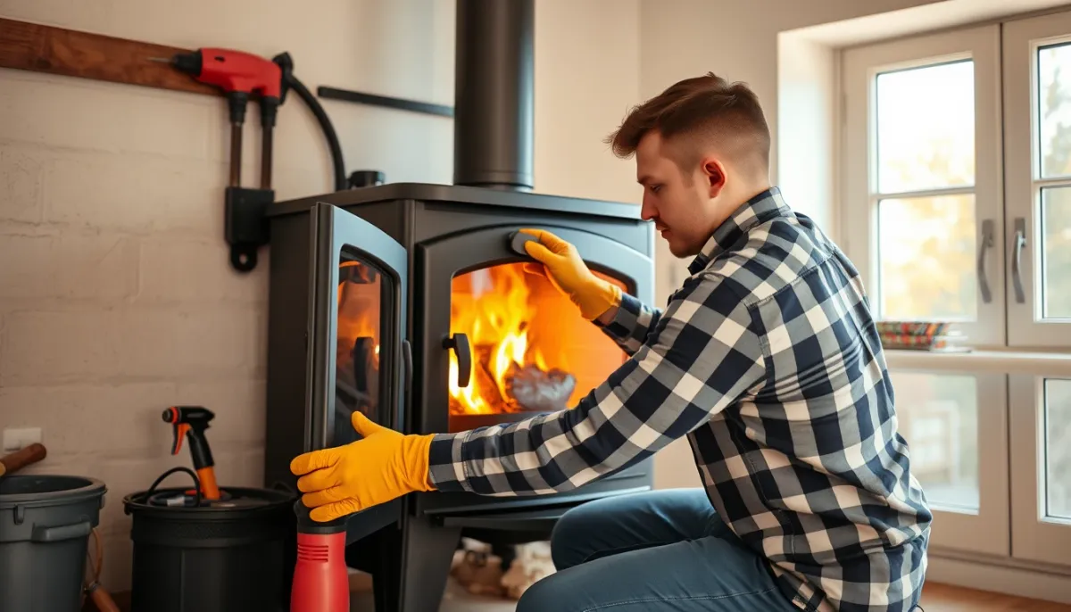 Installateur professionnel effectuant l'entretien annuel d'un poêle à granulés MCZ