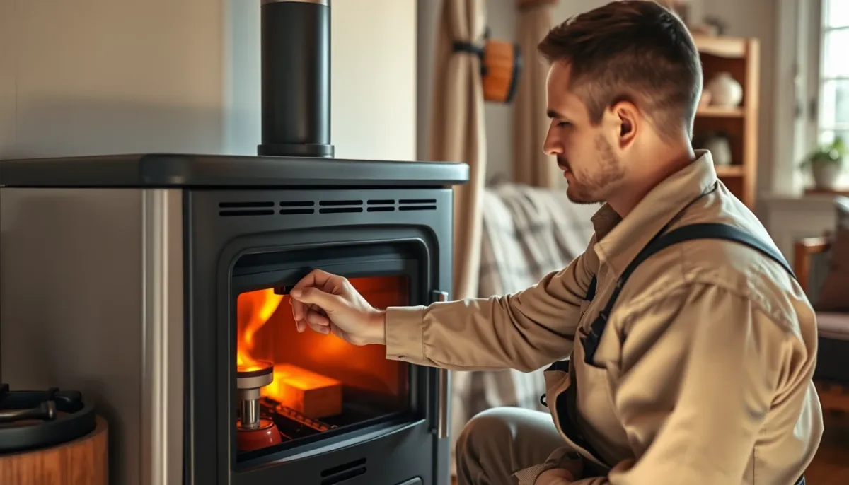Technicien inspectant un poêle à granulés lors d'une intervention de maintenance