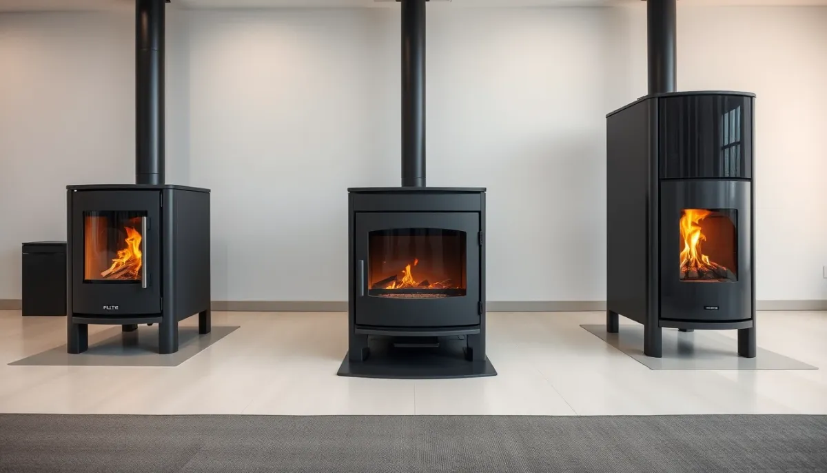 Trois poêles à granulés de marques différentes exposés côte à côte en showroom