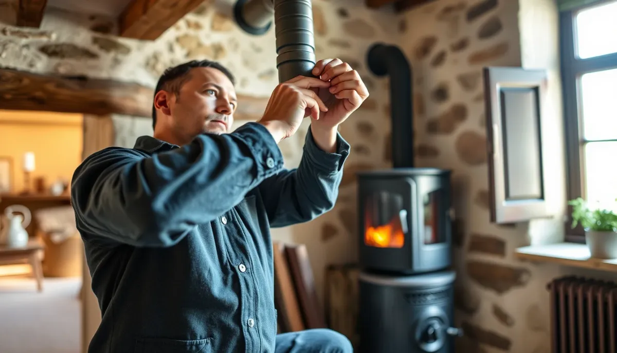 Installation d'un poêle à granulés Jolly Mec en Ardèche avec conduit de fumée