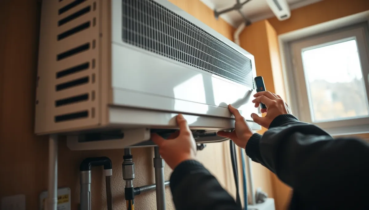 Installation d'une pompe à chaleur air/eau par un technicien, vue latérale sur les raccords