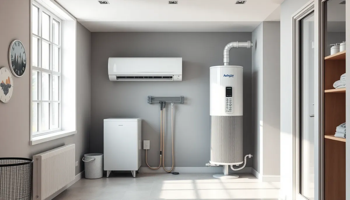 Local technique moderne avec unité intérieure de pompe à chaleur et ballon d'eau chaude