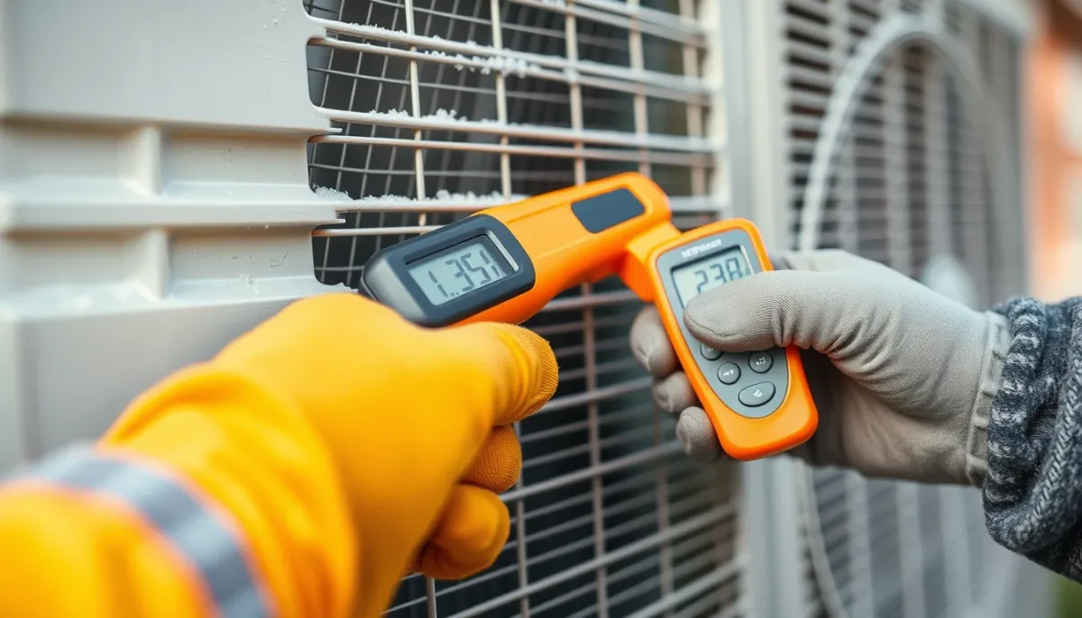Technicien vérifiant la température de l'évaporateur d'une pompe à chaleur givrée