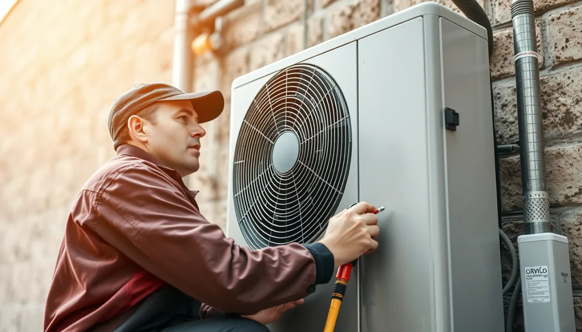 Technicien effectuant l'entretien d'une pompe à chaleur air/eau