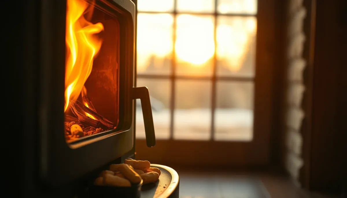 Poêle à granulés en fonctionnement avec une flamme visible