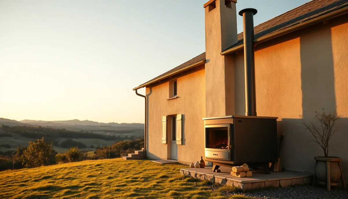 Maison en Ardèche avec une cheminée de poêle à granulés, dans un paysage rural