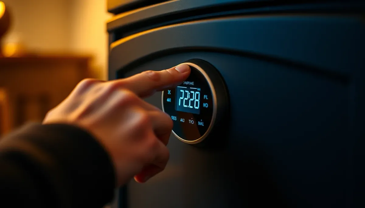 Main réglant le thermostat d'un poêle à granulés pour réduire la consommation électrique