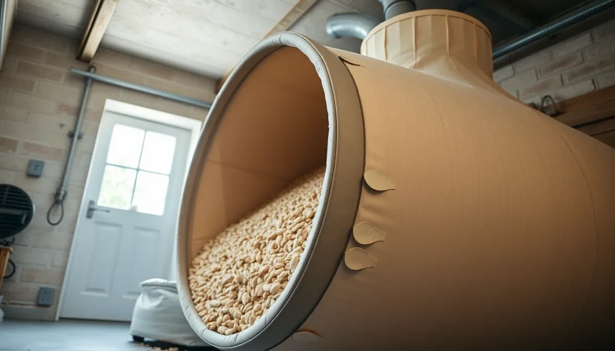 Grand silo textile à granulés de bois installé dans un local technique