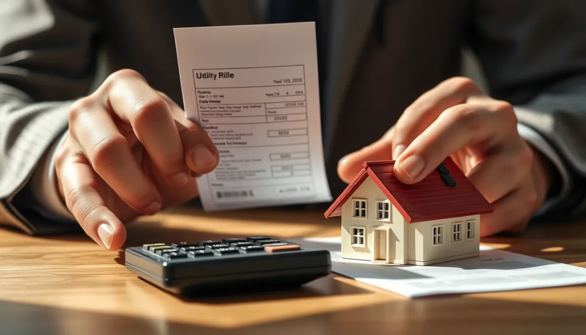 Mains tenant une calculatrice et une facture d'énergie pour illustrer le retour sur investissement