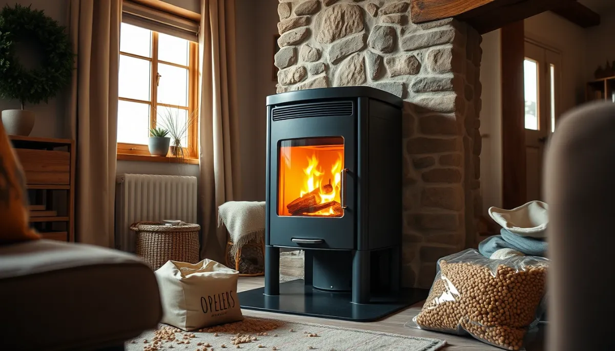 Poêle à granulés de bois moderne dans un salon chaleureux