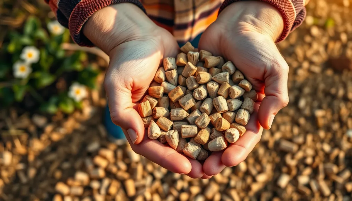 Mains tenant des granulés de bois, symbole de l'achat au bon moment