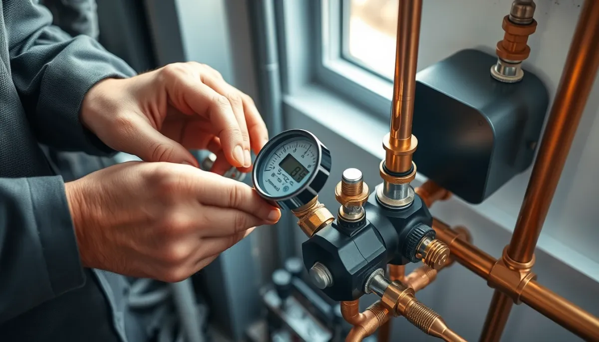 Technicien vérifiant la pression du circuit frigorifique d'une pompe à chaleur avec un manifold numérique