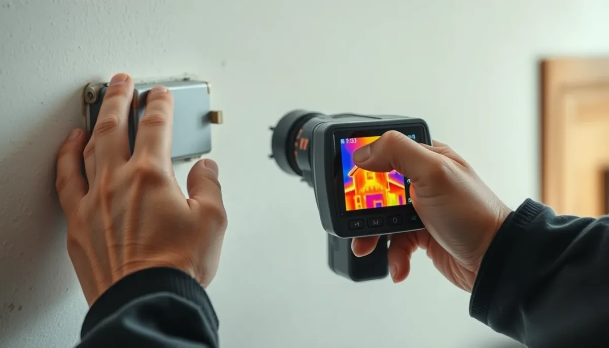 Technicien réalisant un bilan thermique avec une caméra thermique sur un mur de maison
