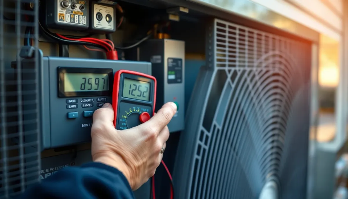 Technicien vérifiant les réglages électriques d'une pompe à chaleur air/eau en extérieur