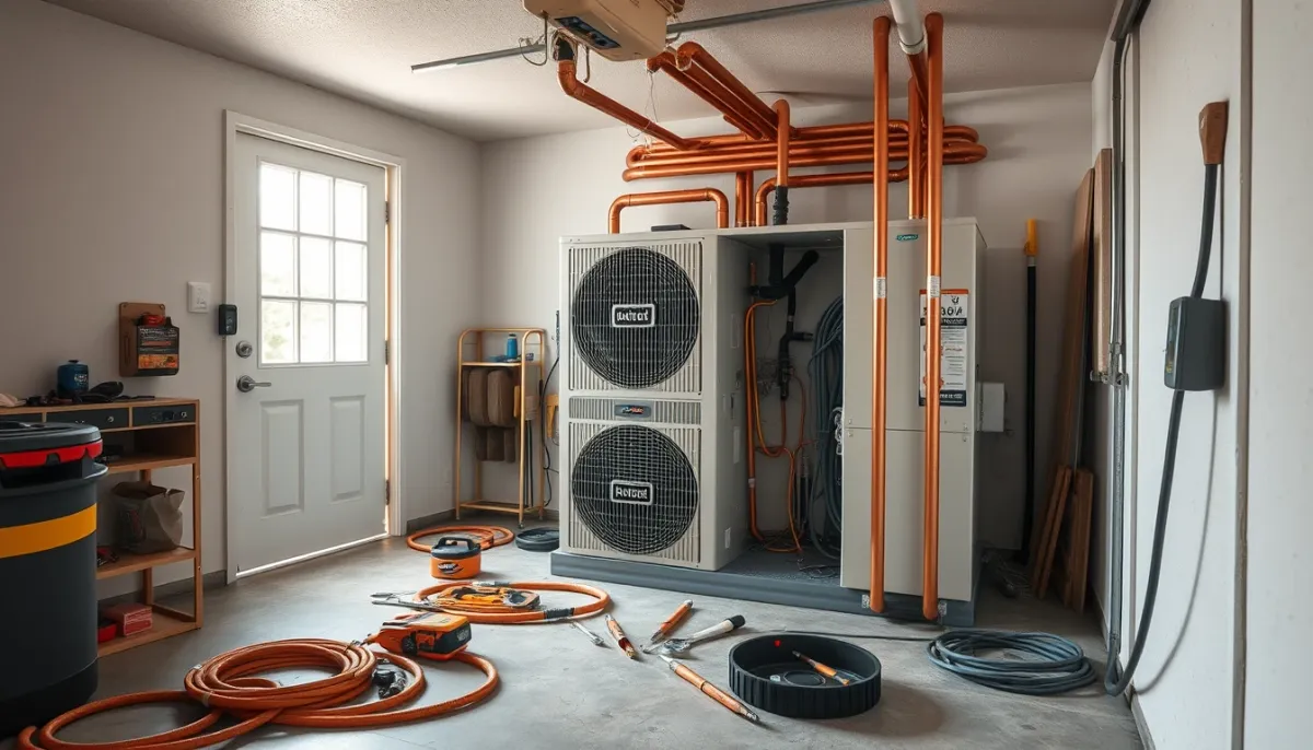 Chantier d'installation d'une pompe à chaleur dans un garage résidentiel