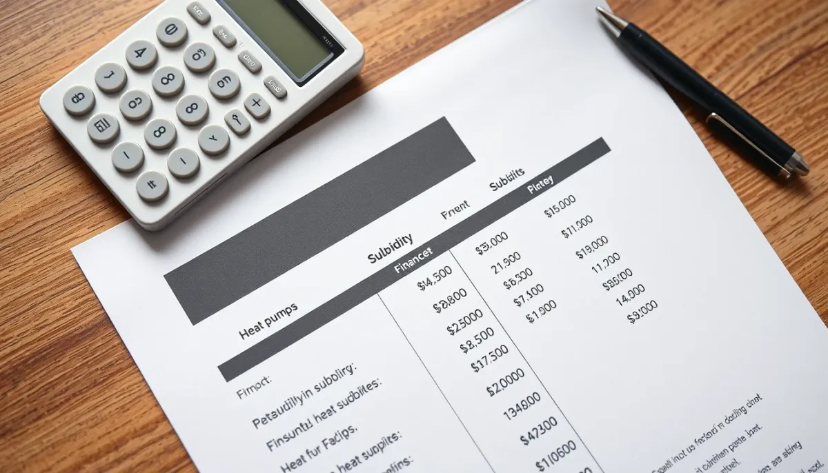 Document présentant les montants des aides pour une pompe à chaleur, avec calculatrice et stylo sur un bureau