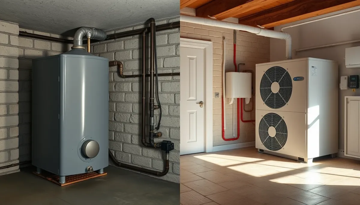Comparaison entre une ancienne chaudière fioul et une pompe à chaleur moderne dans une maison