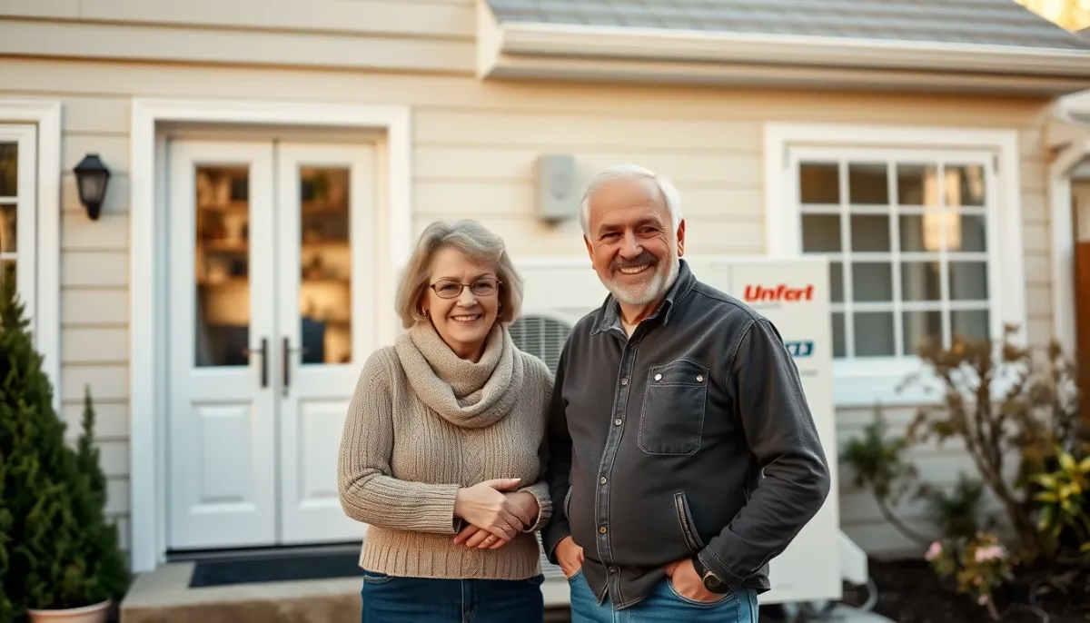 Couple souriant devant sa maison rénovée avec une pompe à chaleur, illustrant un témoignage positif