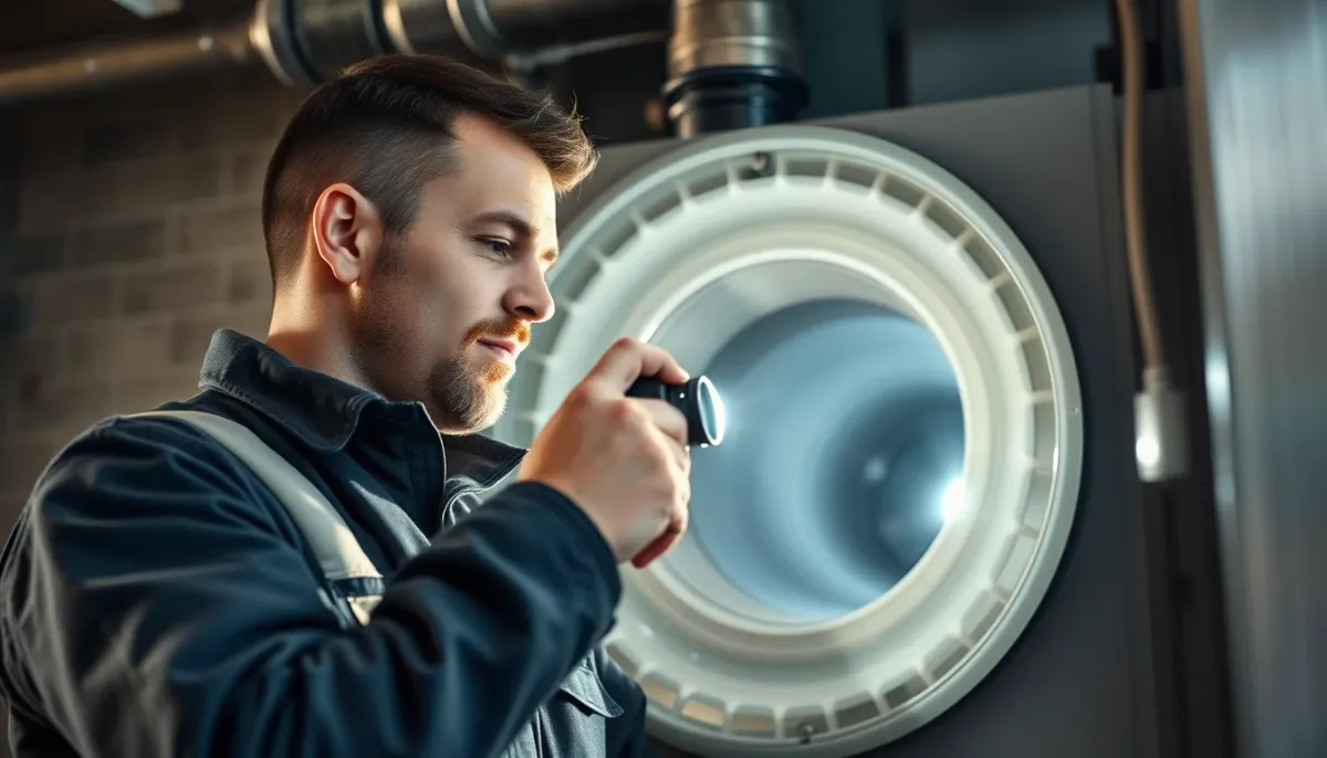 Technicien qualifié inspectant le conduit de fumée d'une chaudière à granulés